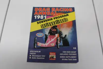 1981 NHRA drag racing annual. 114 pgs. Slight damage to lower right corners. Lots of pics and facts....