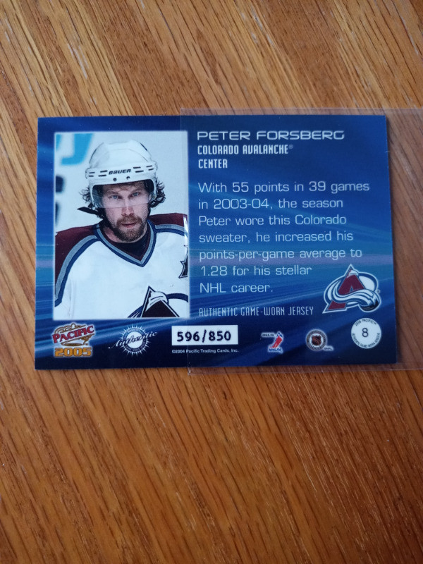 Peter Forsberg 2004-05 Pacific Jersey 8 /850 Colorado Avalanche in Arts & Collectibles in St. Catharines - Image 3