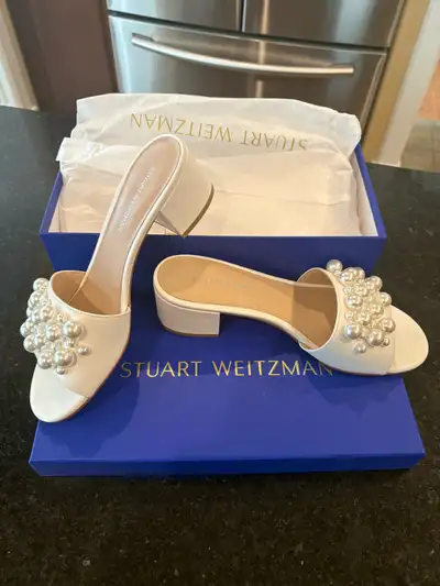 NEW Stuart Weitzman Ivory Pearl-Embellished Slide Mules size 7, View more