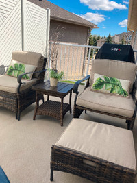 Outdoor Rattan Chairs with footstools and end table