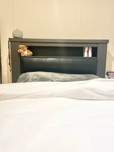 Queen size headboard with built in book shelf + bed frame, View more