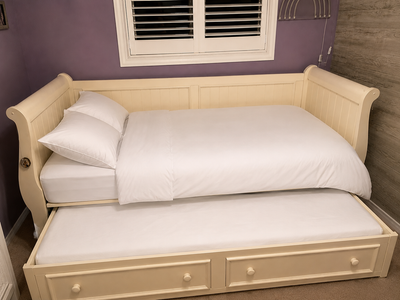 Cream sleigh twin size bed with trundle, View more