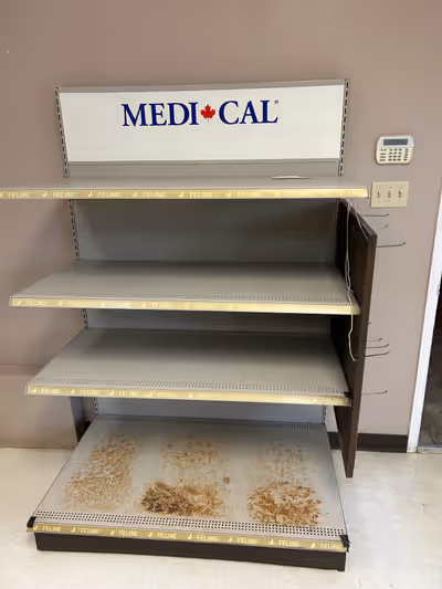 Heavy duty metal shelf. 4ft length. 72” height. Shelving heights - 2x 24” and 2x20” Previously used...
