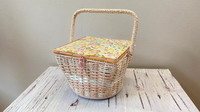 Vintage Wicker Sewing Basket, Squire Bin with Satin Lining, Pin 