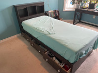 Single bed headboard with shelves , drawers, mattress and linens