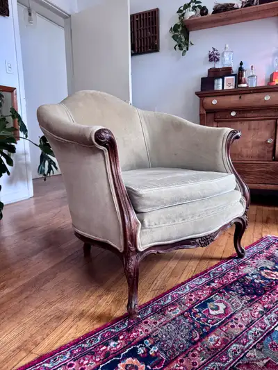 Antique Victorian Pale Green Velvet & Carved Wood Armchair, View more