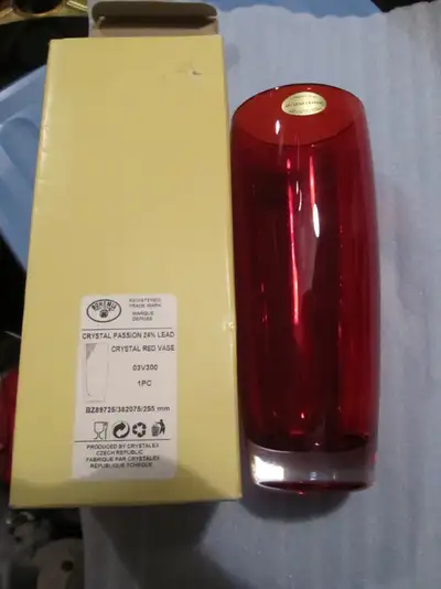 Bohemian 24% lead crystal 25cm high red vase.BNIB, View more