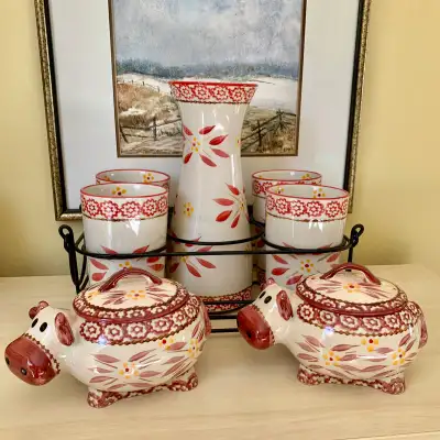 $40/set Temptations Old World Red Carafe Set & Pair Cow Bakers, View more