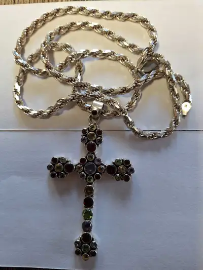 Huge Sterling silver gemstone cross necklace, View more