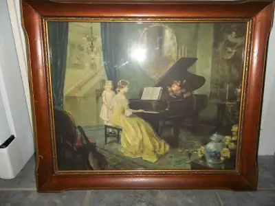 Cadre antique "Dame au piano avec petite fille", View more