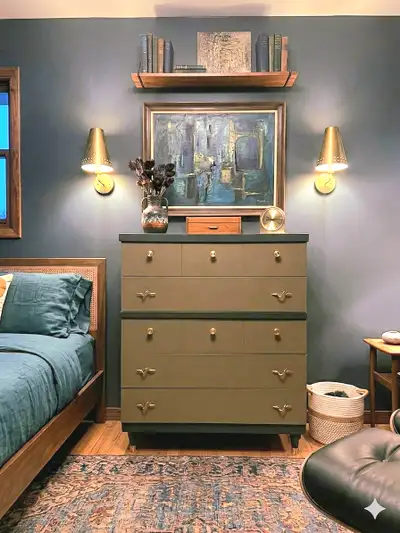 Large vintage tallboy dresser - Black body earthy drawers, View more