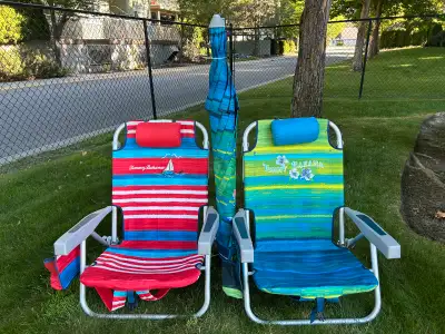 Tommy Bahama Beach Chairs and Umbrella, View more