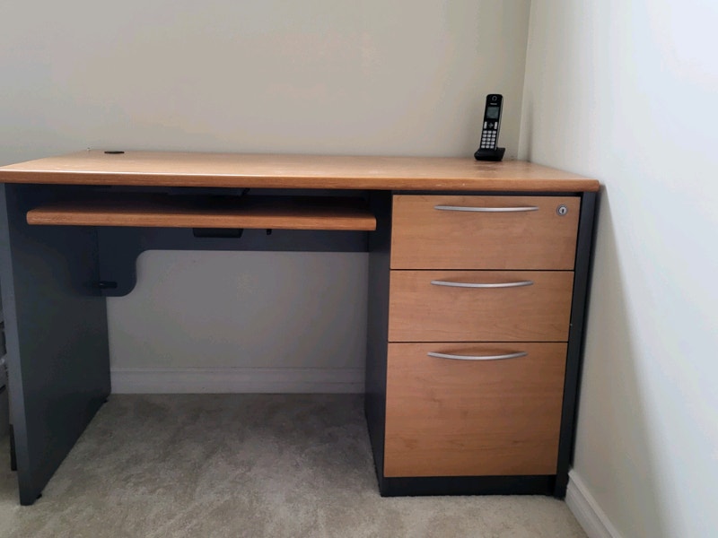 Grey/natural wood colour desk with removable hutch & filing cab Desks