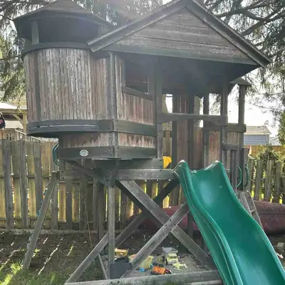 Kids swing set tree house., View more