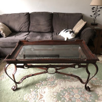 MCM Cast Iron Buckle and Strap Coffee Table with Glass Top