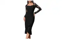 Women’s Lace Ruched Bodycon Ruffle Slit Cocktail Midi Dress