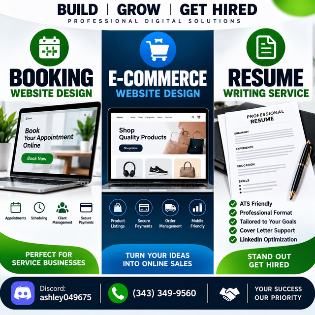BOOKING, E-COMMERCE WEBSITE DESIGN, RESUME WRITING SERVICE
