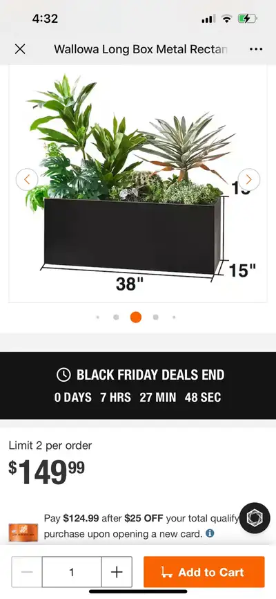 Long Box Metal Rectangular Black Planter with Drainage Hole and , View more