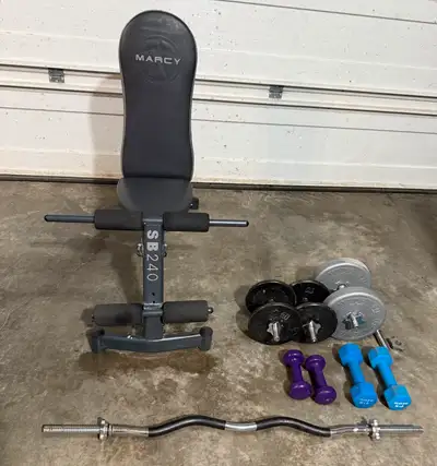 Workout bench plus dumbells and weights etc, View more