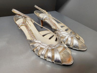 SILVER HIGH-HEELED LEATHER SANDALS, gently used