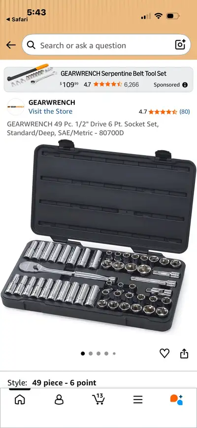 GEARWRENCH 49 Pc. 1/2" Drive 6 Pt. Socket Set, View more