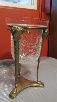 Vintage brass stand w/cracked glass dish home decor piece.