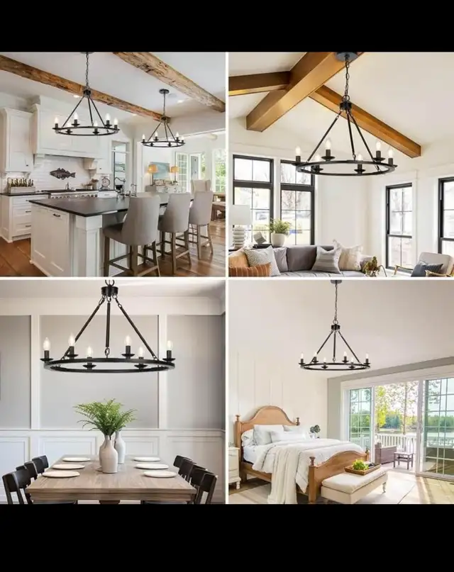 Black Farmhouse Chandelier, 6-Light Wagon Wheel Chandelier wit A in Indoor Lighting & Fans in Hamilton - Image 7