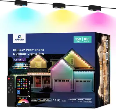 Permanent Outdoor Lights Pro 150ft, 108W RGBCW Eaves Lights, Cut, View more