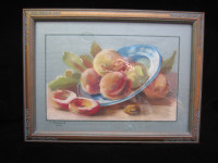 Pastel Still Life Peaches in a Bowl signed J. Beland 1946 Framed