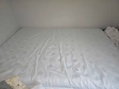 Firm Seally mattress with mattress protector that's been kept on.