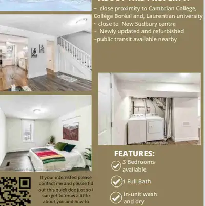 Unfurnished clean beautiful rooms with lots of potential,student housing close to Boréal college, an...