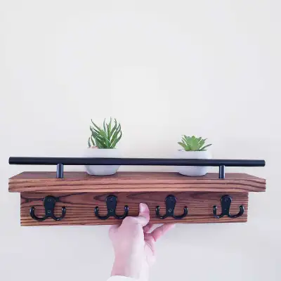 Rustic Wooden Wall Shelf with  Hooks, View more