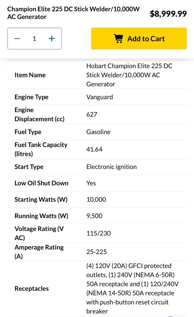Welder/Generator (Hobart 10,000W)528934370092011522