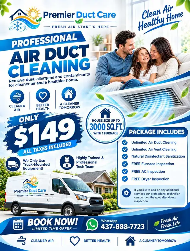 $149 + GST Whole House Air Duct Cleaning 