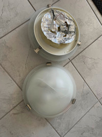 "2-Flush Mount Light Fixtures with 1-matching Chandelier"