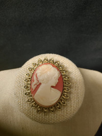 Red and Gold Tone Cameo Brooch