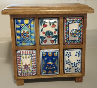 Vintage Wooden Cabinet with 6 Hand Painted Ceramic Drawers