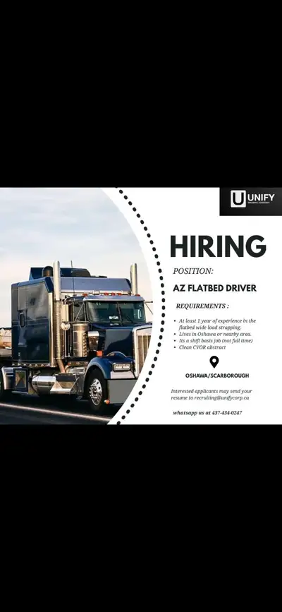 Hiring for flatbed Az drivers in Courtice 29$/Hr pay, View more