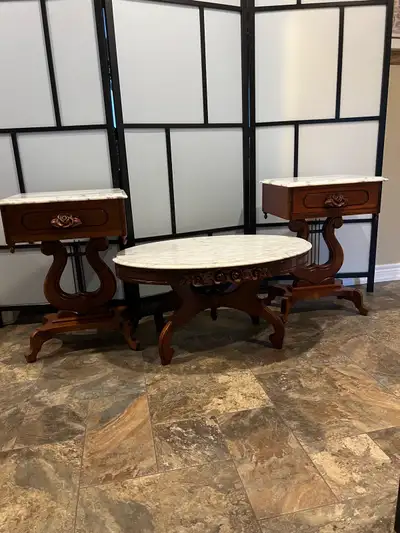3 pce Vintage mahogany coffee table & 2 side tables marble tops, View more