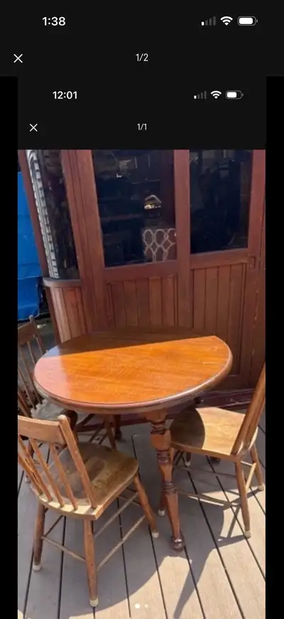 VINTAGE SOLID WOOD MAPLE ROUND TABLE WITH 3 WOOD CHAIRS, View more