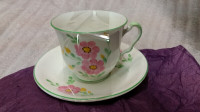 VINTAGE HAND PAINTED PINK FLOWERS ON CHINA CUP AND SAUCER