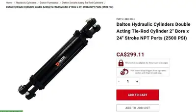 Dalton Hydraulic Cylinder 2”x24” Stroke 2500psi, View more