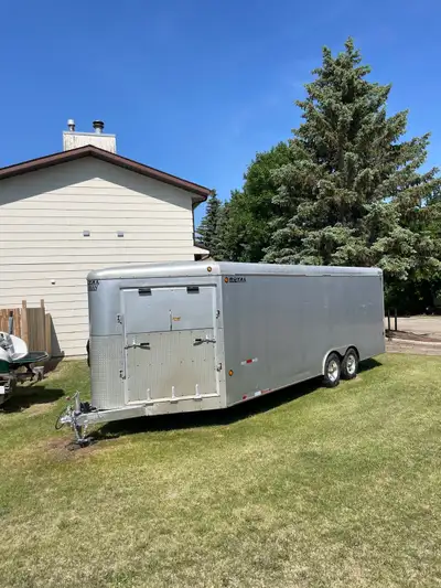 27 feet from front of v-nose to back of trailer Silver in color Trailer is ready to go 4 place snowm...