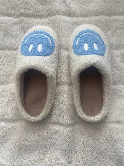 Slippers - Fuzzy Happy Face Slip-on Slippers, women's size 7-8, View more
