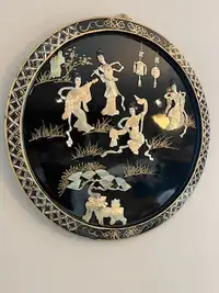 Vintage Chinoiserie Black Lacquer Mother of Pearl Wall Hanging