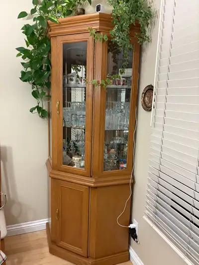 Meuble de coin curio. Pouvant mettre vaisselle ou verrerie ou encore pièces de collection. Une porte...