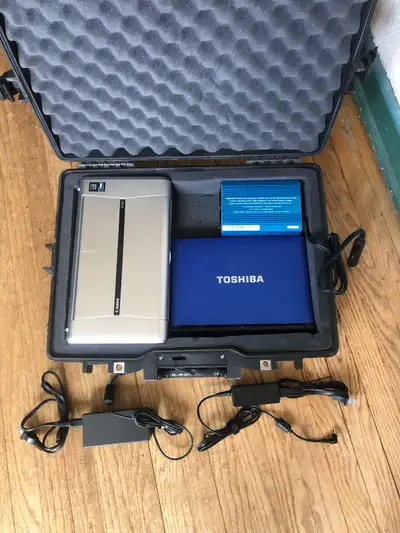 Toshiba mini laptop, canon portable inkjet printer, pelican case, View more