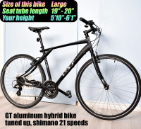 GT aluminum hybrid bike bicycle, 28” tires, 20” frame, shimano 2
