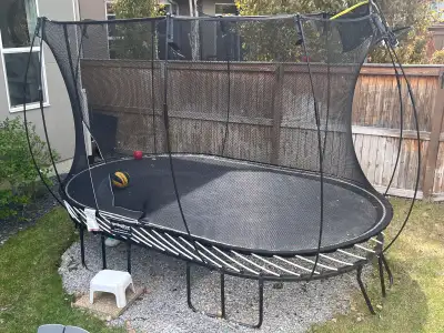 2 seasons old. Essentially brand new SPRING FREE Trampoline. Currently disassembled for easy pick up...