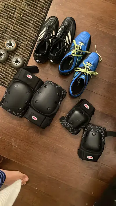 Size 6 and 8 soccer shoes and knee and shin pads, View more